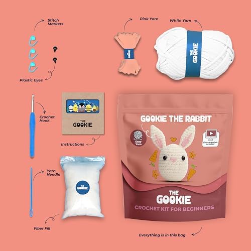The Gookie Amigurumi Tavşan Örgü Seti, Başlangıç Seviyesi, Beyaz Pamuklu İplik, Video Eğitimli, Tığ ve İğne Dahil, El Yapımı Oyuncak
