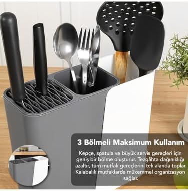 Ayarlanabilir Sürgülü Kaşıklık Bıçaklık Organizer,2-3 Bölmeli Tezgah Üstü Stand (GRİ)
