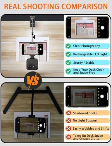 Üstten Çekim Masa Telefon Tutucu | Katlanabilir ve 360° Döner Ayarlanabilir Stand, Video Çekimi ve Canlı Yayın için Sabit Kelepçeli Braketi, + AY-49 Led Işık | CZ45