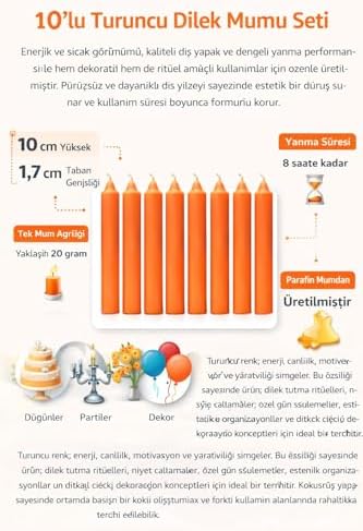 10’lu Turuncu Dilek Mumu Seti – Kaliteli ve Pürüzsüz Dış Yapılı, İçten Yanan Fitilli, Silindir Blok Tasarımlı, Dekoratif ve Ritüel Kullanımına Uygun Mumlar