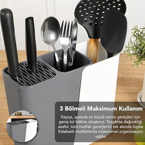 Çok Fonksiyonlu Mutfak Düzenleyici, 2-3 Bölmeli Ayarlanabilir Genişlik, Çatal Kaşık Bıçak Tutucu, 17-24 cm Genişlik (Siyah)