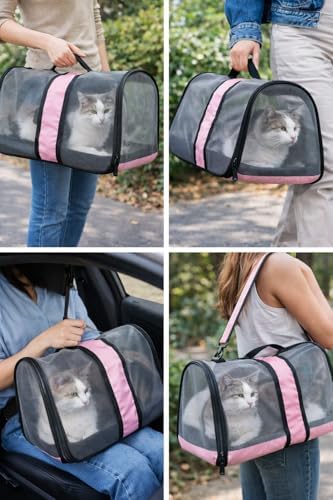 Komple Fileli Kedi Taşıma Çantası – MDF Sert Tabanlı, Katlanabilir, Nefes Alabilen, Omuz Askılı & El Tutmalı, Hafif ve Sağlıklı Evcil Hayvan Taşıma Kutusu (45x28x28 cm) (Pembe)