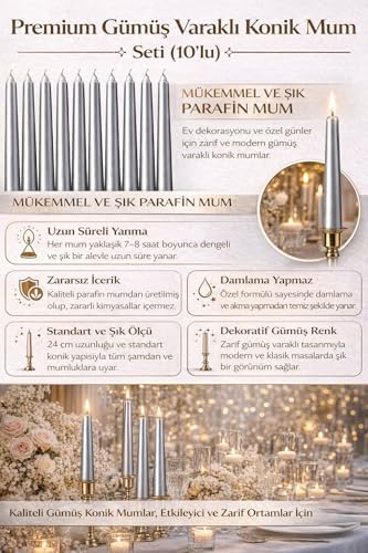 Gümüş Renk İnce Şamdan Mum Seti, 25 cm Uzunluk, 10’lu Paket, Dekoratif Taper (Dilek) Mum, Şık Masa, Davet ve Özel Gün Dekorasyonu İçin