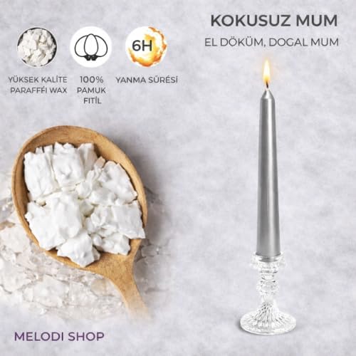 Alternative view of Gümüş Renk İnce Şamdan Mum Seti, 25 cm Uzunluk, 10’lu Paket, Dekoratif Taper (Dilek) Mum, Şık Masa, Davet ve Özel Gün Dekorasyonu İçin