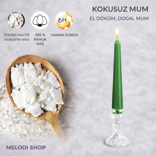 Alternative view of Yeşil Renk İnce Şamdan Mum Seti, 25 Cm Uzunluk, 10’lu Paket, Dekoratif Taper (Dilek) Mum, Şık Masa, Davet ve Özel Gün Dekorasyonu İçin