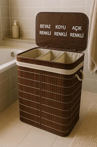 Lüks Bambu 3 Bölmeli Çamaşır Kirli Sepeti 52X32X60CM Büyük Boy 100 Lt (Kahverengi)