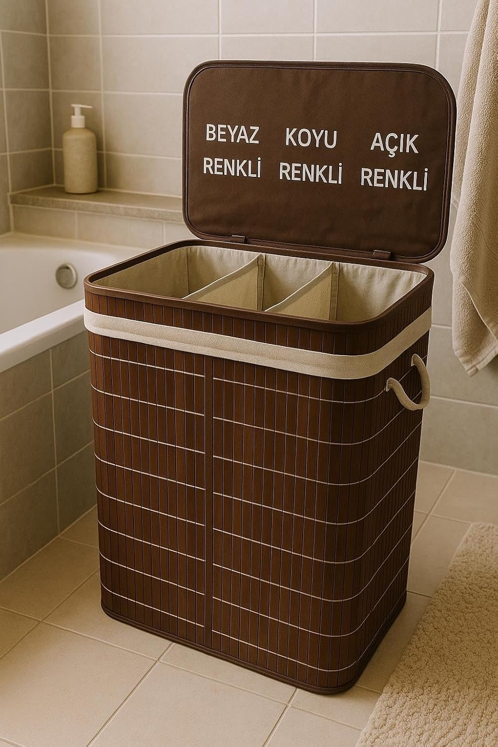 Alternative view of Lüks Bambu 3 Bölmeli Çamaşır Kirli Sepeti 52X32X60CM Büyük Boy 100 Lt (Kahverengi)