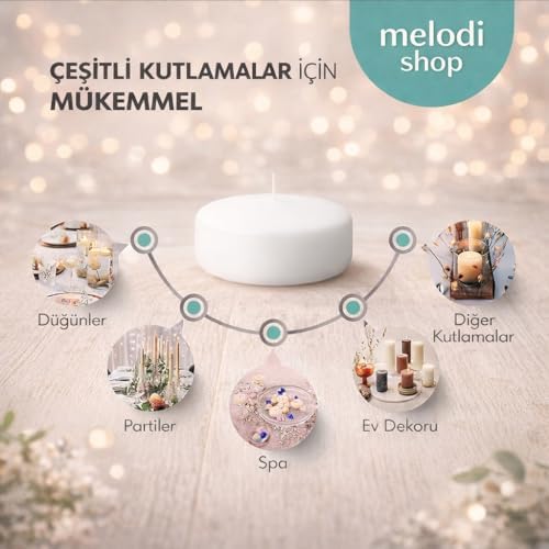 36 Adet Beyaz Yüzen Mum (Floating Candle), 7,6 cm Çap, Kokusuz, Uzun Süre Yanan, Temiz Alevli, Düğün, Etkinlik Dekoru