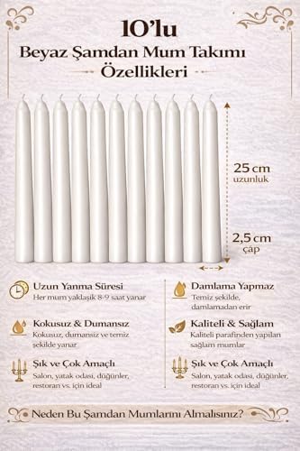 Alternative view of Beyaz Renk İnce Şamdan Mum Seti Varaklı, 25 cm Uzunluk, 10’lu Paket, Dekoratif Taper, Şık Masa, Davet ve Özel Gün Dekorasyonu İçin