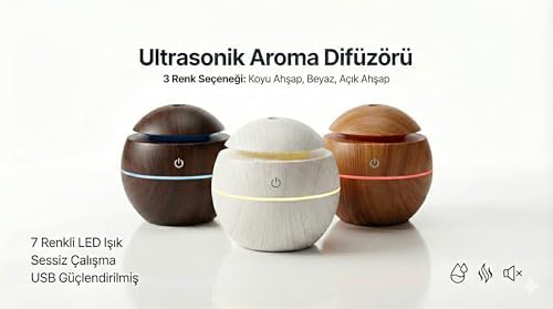 Alternative view of Ultrasonik Hava Nemlendirici ve Aroma Difüzörü - 3 Farklı Renk Seçeneği (Beyaz, Açık ve Koyu Ahşap) - Küre Tasarım Buhar Makinesi, LED Işıklı ve Sessiz Oda Kokusu Yayıcı (USB) (KOYU AHŞAP)