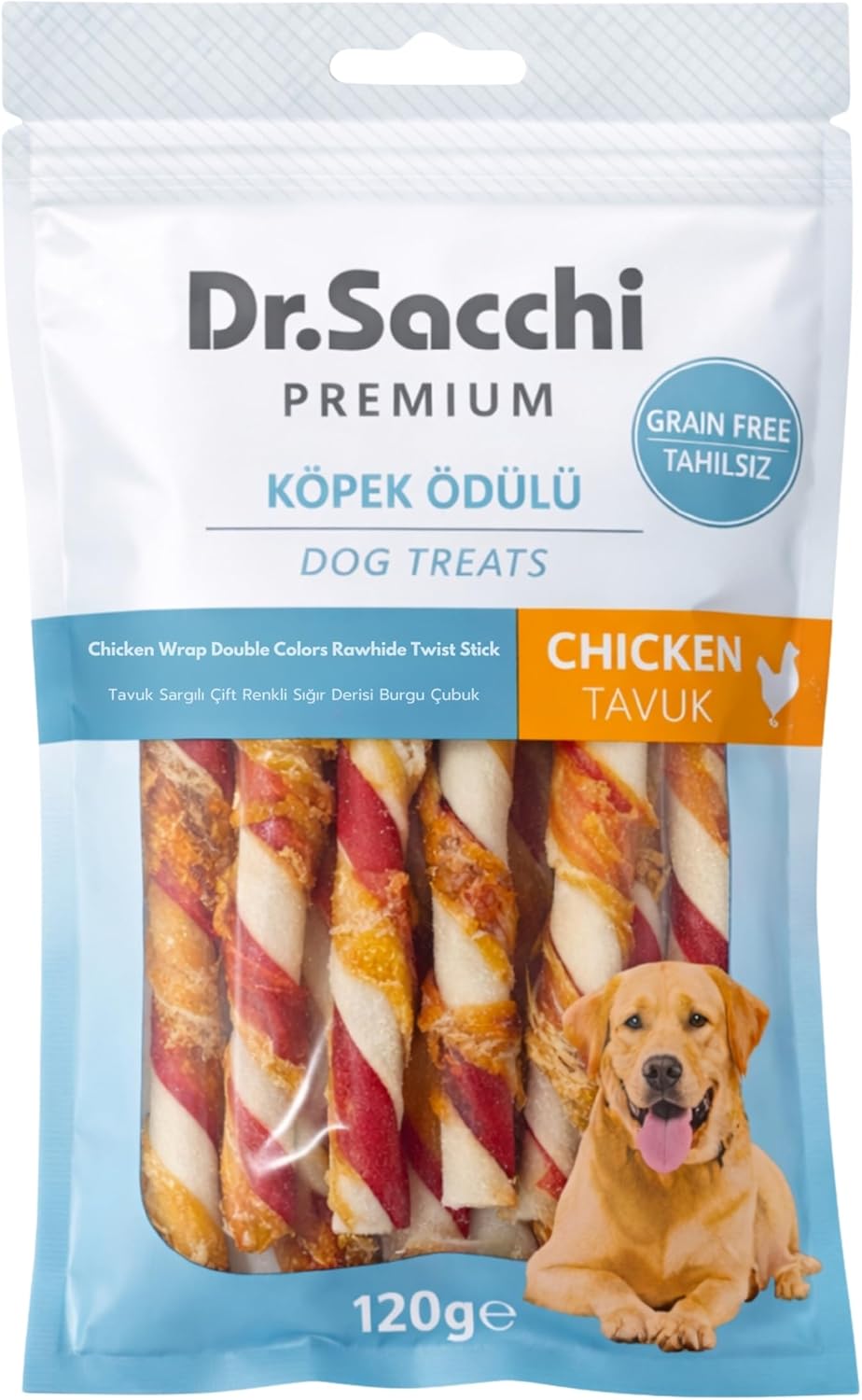 Dr.Sacchi Premium Tavuk Sargılı Çift Renkli Sığır Derisi Çubuk Tahılsız Köpek Ödülü 5" 12 Gr 10'lu