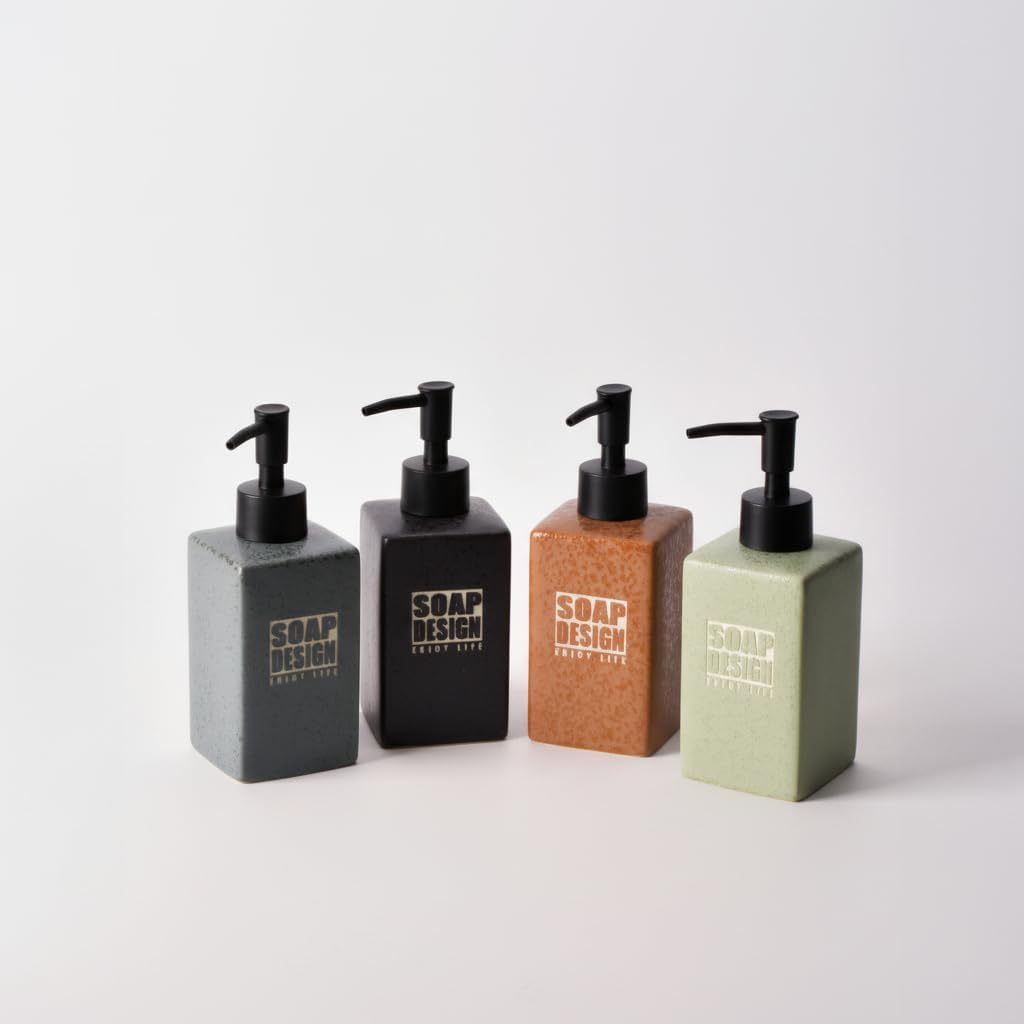 500ml Seramik Sıvı Sabunluk, Mat Taş Dokulu ve Kare Tasarım, Siyah Pompalı Banyo ve Mutfak Deterjan Dispenser (1 Adet - Asorti/Karışık Renk Gönderilir)