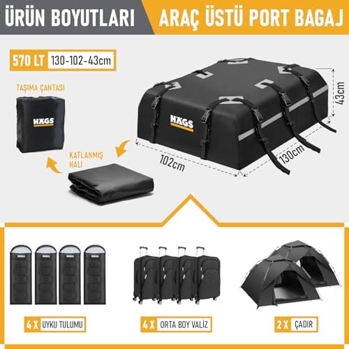 Alternative view of Araç Üstü Bagaj Çantası, Port Bagaj, Araç Üstü Tavan Çantası, Ağır Hizmet Tipi, Su Geçirmez, Tüm Araç Tavanları için (Üst Rafı, Çıtası Olan veya Olmayan) 570L (130 x 102 x 43cm) Siyah - Gri