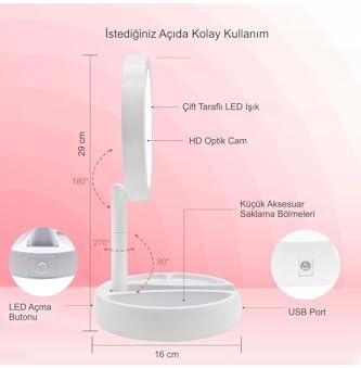 10X Büyütme Çift Taraflı Makyaj Ayna Katlanabilir 21 LED Işıklı Makyaj Aynası USB Kablo