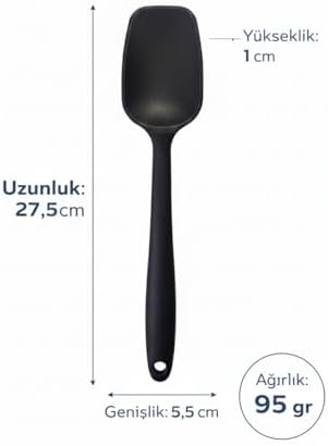 Silikon Pişirme - Servis Kaşığı (Pilav Kaşığı/Kürek Spatula), Dayanıklı, Çizmez, Askılı, Tek Parça Tasarım (1, Siyah)