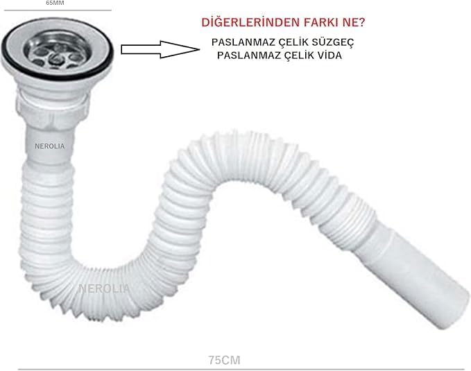 2 adet Lavabo Gider Hortumu/Körüklü Lavabo Sifonu/Eviye Gider Borusu (Paslanmaz Çelik Süzgeçli ve Vidalıdır)