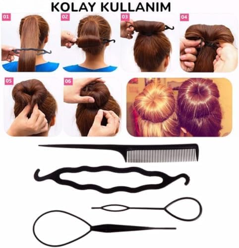 5’li Karışık Siyah Renk Saç Örme Ve Topuz Tokası Seti, Kadın Çocuk Mandal Lastik Toka Seti, Kız Çocuk Toka