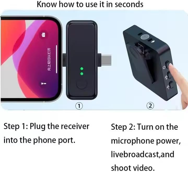 Type-C ve Lightning Girişli Kablosuz Mikrofon, 20 Metreye Kadar Erişim Mesafesi, Tak ve Çalıştır, Canlı Yayın, Röportaj, Vlog, ile Uyumlu, Clear Timbre Ses Kalitesi | F15-2