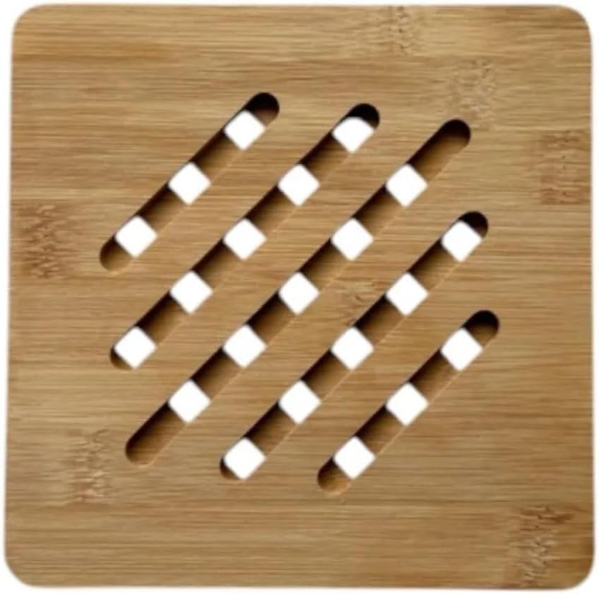 Bambu, Kare Şekilli, Çizgili Tasarım, Ahşap Malzeme, Tencere Tava Altlığı, 17 cm, Nemli Bezle Silinebilir