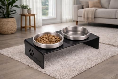 GOBYPET 2’li Seramik Mama ve Su Kabı Seti – Siyah Pleksi Standlı, Kaymaz Paspas Hediyeli (Paslanmaz Metal)