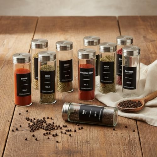 12’li Metal Kapaklı Cam Baharatlık Seti, 80ml, 110ml ve 170ml Boyut Seçenekli, Etiket Hediyeli Silindir Baharat Takımı, Modern Mutfak Düzenleyici Kavanoz Seti (170ML- 12 ADET)