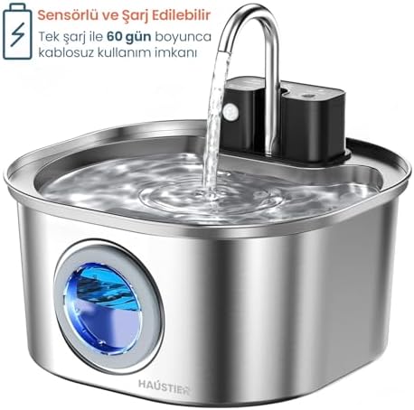 Haustier PWL-010 Otomatik Kablosuz Kedi Su Pınarı, 3.2Lt Geniş Hazne, Bataryalı, Paslanmaz Çelik, Sensörlü, Şarj Edilebilir, Ultra Sessiz, (Metal)