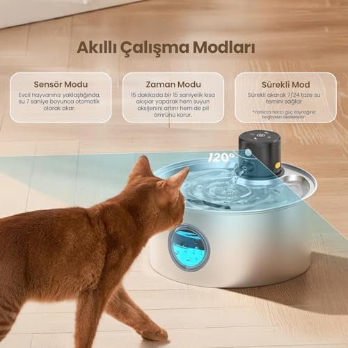 Haustier W2 Otomatik Kedi Su Sebili, Su Pınarı, Radar Sensörlü, Şarj Edilebilir, 4000mAh Bataryalı, Kablosuz Kullanım, 3.2L Paslanmaz Çelik Metal Tasarım