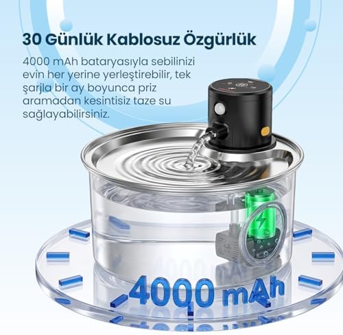 Alternative view of Haustier W2 Otomatik Kedi Su Sebili, Su Pınarı, Radar Sensörlü, Şarj Edilebilir, 4000mAh Bataryalı, Kablosuz Kullanım, 3.2L Paslanmaz Çelik Metal Tasarım