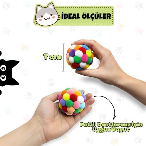 Çıngıraklı Ponpon Kedi Oyuncağı - Renkli İnteraktif Peluş Top - Zilli Yuvarlanan Kedi Topu - Çiğneme ve Tırmalama İçin Uygun - Hafif ve Dayanıklı