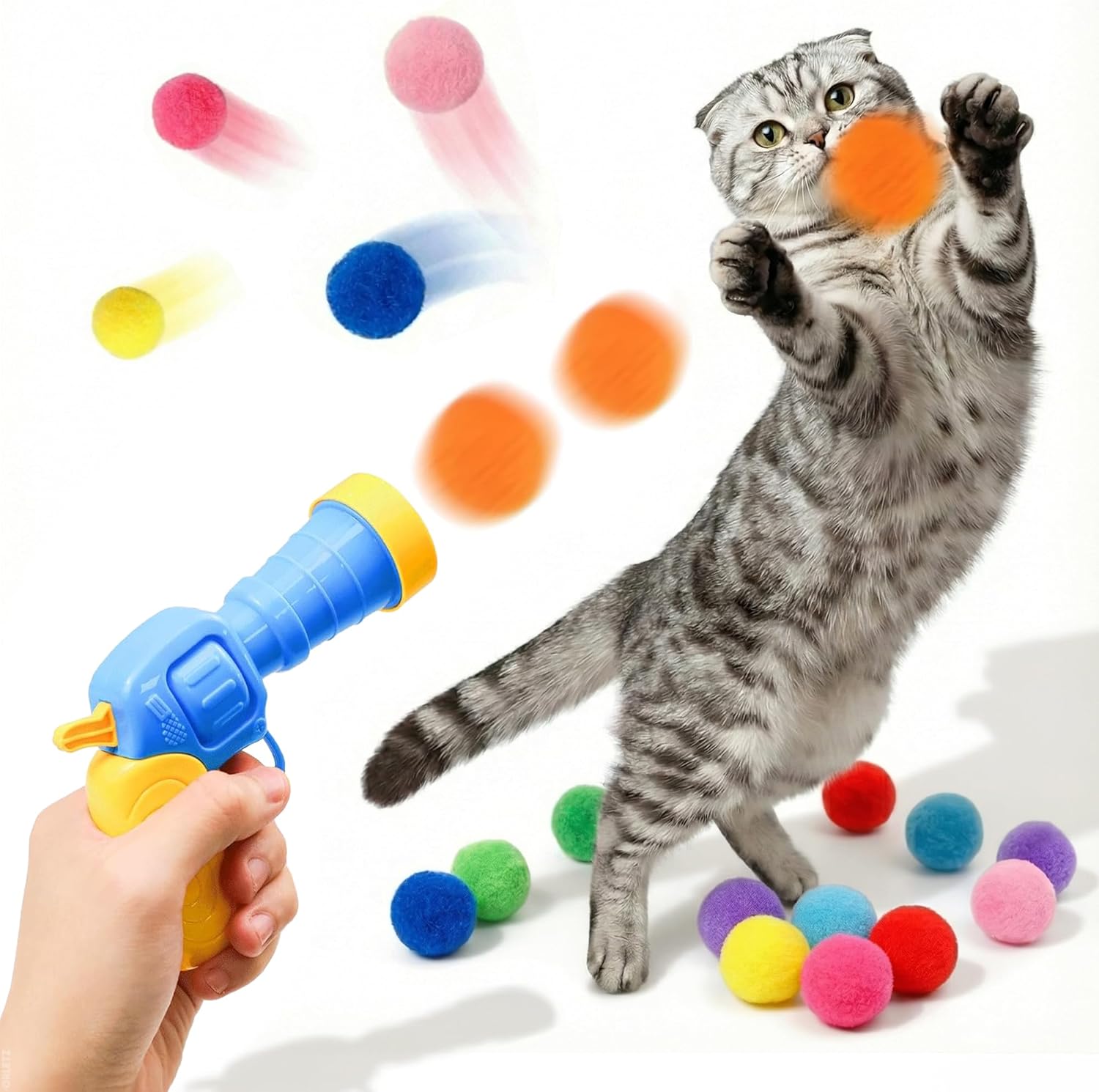 Peluş Top Fırlatan Kedi Oyun Tabancası - İnteraktif Eğlence Seti - Koşu ve Zıplama Egzersiz Oyuncağı - Sessiz Yumuşak Ponpon - 20 Top