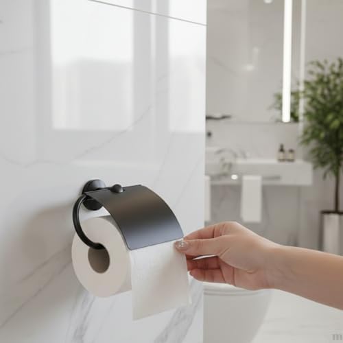 Alternative view of Yapışkanlı Tuvalet Kağıdı Askısı | Kapaklı Paslanmaz Metal WC Kağıtlık | 10 * 10 cm Siyah Renk | Delmesiz Kolay Kurulum