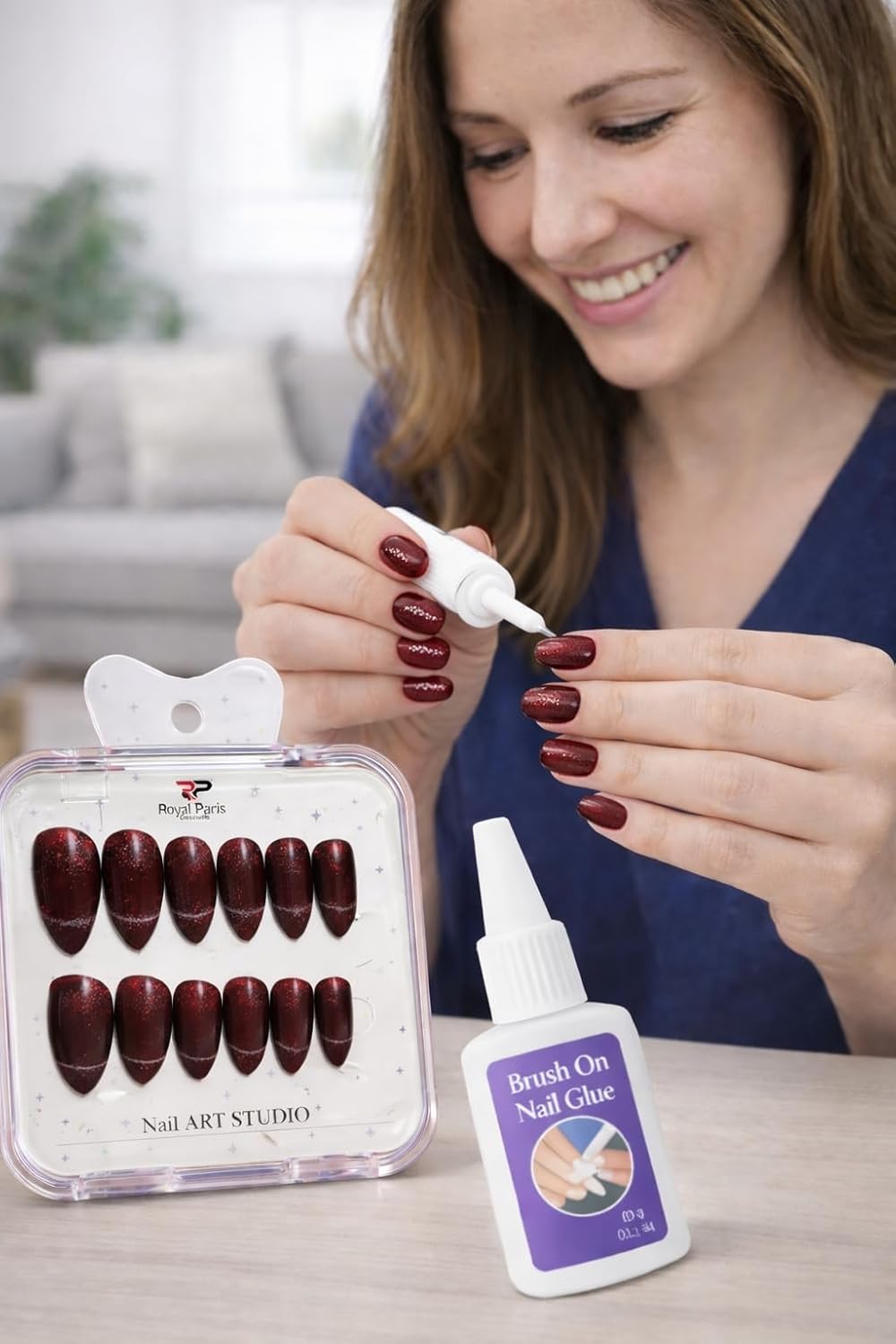 Bordo Simli Takma Tırnak Seti, Yapıştırıcılı, Uzun, Form, Dayanıklı Press On Nail Art, Evde Kolay Uygulama, Şık ve Parlak Görünüm