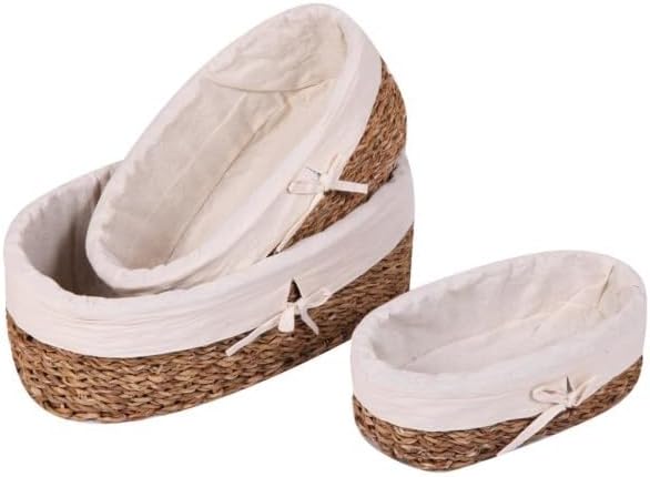 3'lü Hasır Oval Bezli Düzenleyici Sepet Seti - Çıkarılabilir Kumaş Astarlı Ekmek ve Sunum Sepeti - Banyo, Mutfak ve Bebek Odası İçin Çok Amaçlı Organizer (42x25 cm Büyük Boy)