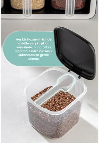 6’lı Standlı Kaşıklı Baharatlık Seti – Duvara ve Tezgaha Uygun, 500 ml Kapasiteli, Etiketli Şeffaf Baharat Kutuları, Kaşıklı Düzenleyici Stand