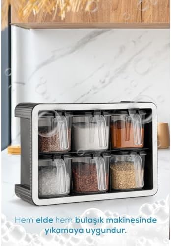 Alternative view of 6’lı Standlı Kaşıklı Baharatlık Seti – Duvara ve Tezgaha Uygun, 500 ml Kapasiteli, Etiketli Şeffaf Baharat Kutuları, Kaşıklı Düzenleyici Stand