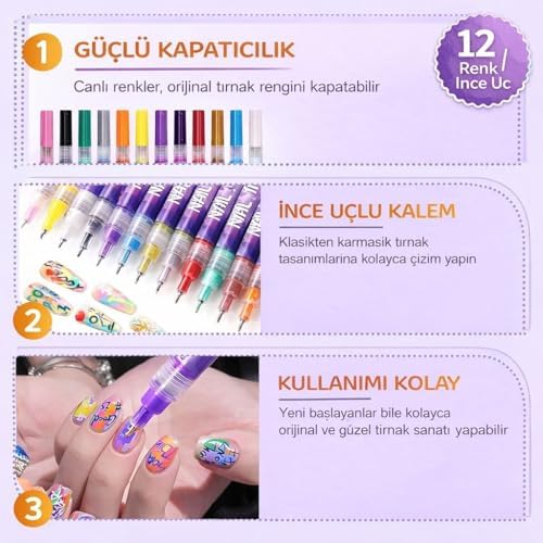 Alternative view of RIVANO 12 Renk Oje Sanatı Kalemi Seti, Su Bazlı Hızlı Kuruyan Tırnak Art Kalemi, Çocuklar ve Yetişkinler İçin Kolay Tırnak Boyama ve Nail Art Tasarım Seti