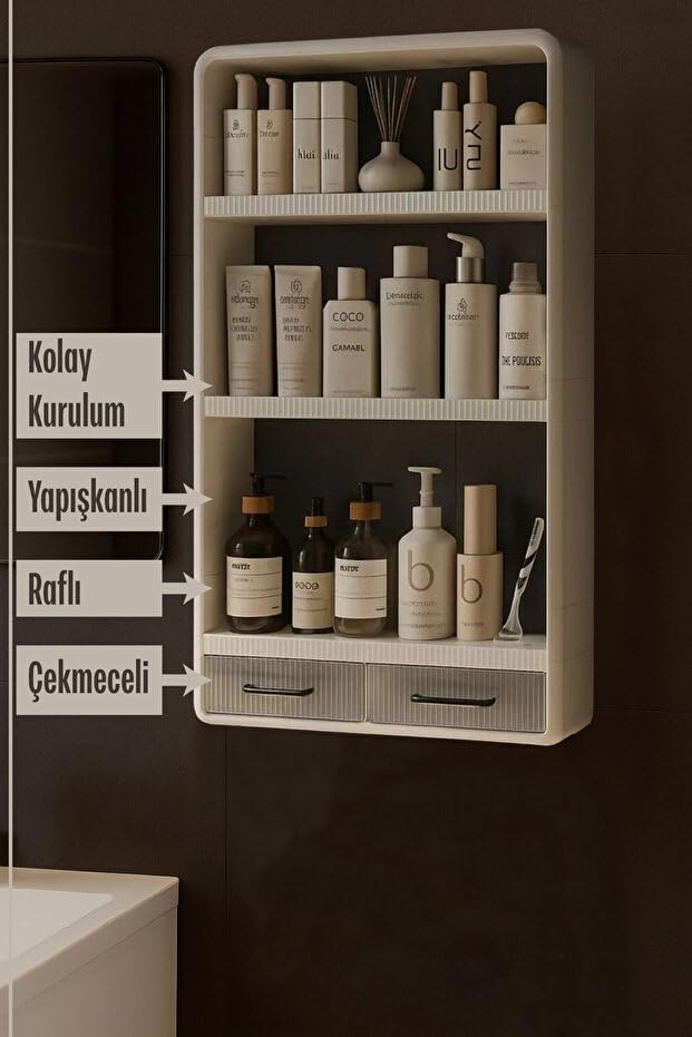 Premium Yapışkanlı Duvar Rafı Organizer, Banyo Mutfak Rafı, 70x40x10 cm, Çekmeceli, Kancalı, Suya Dayanıklı, Delme Gerektirmez