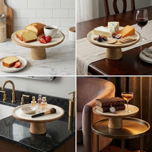 Mango Ağacı Ayaklı Kek Standı ve Sunum Tabağı - Krem İç Yüzeyli Doğal Ahşap Pasta Servisliği - 30 cm Çapında Dekoratif Yükseltici ve Peynir Tabağı