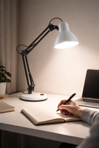 Akrobat Masa Lambası Kablolu Ayarlanabilir Kollu Çalışma Lambası Metal Gövde Güçlü Işık Ofis Ev Atölye Masaüstü Aydınlatma (Beyaz)
