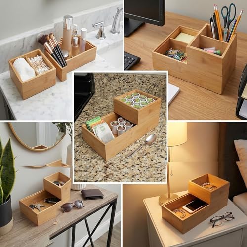 Alternative view of 2'li Çok Amaçlı Bambu Organizer Set - Büyük ve Küçük Boy Banyo, Mutfak ve Ofis Düzenleyici Kutu - Ahşap Dekoratif Saklama Seti (33x16x12 cm & 15x15x6 cm)
