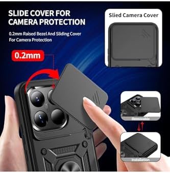 Alternative view of - 15T Pro ile uyumlu Mi Kılıf Kamera Korumalı Sürgülü Yüzüklü Armor Zırh Kapak + 9H Ekran Koruyucu Set - Siyah