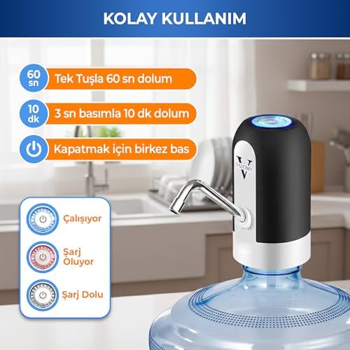 Alternative view of Vayomy 4 W Şarjlı Otomatik Damacana Su Pompası – 1200 mAh Bataryalı, BPA İçermez, CE Belgeli Su Dispenseri (Siyah)