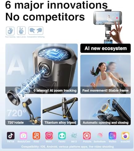 Profesyonel ve Selfie Çubuğu, 360° Yüz Takibi, Otomatik Açılan Ayaklı, AI Hareketle Komut, 1/4 Vidalı, Canlı Yayın, Vlog, Fotoğraf, Uzaktan Kumandalı,170cm, TT07SS