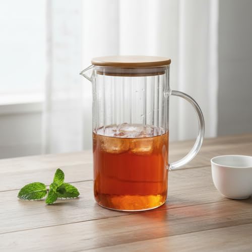 1000 ML Bambu Kapaklı Borosilikat Cam Yağlık ve Sürahi - Dayanıklı Çizgili  Desenli Modern Meşrubat ve Su Karafı (9x17 cm)