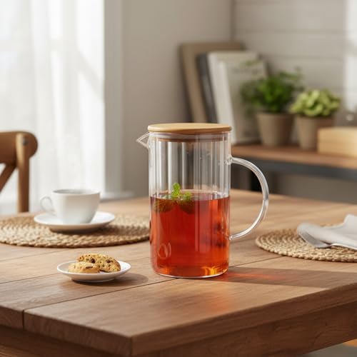 Alternative view of 1000 ML Bambu Kapaklı Borosilikat Cam Yağlık ve Sürahi - Dayanıklı Çizgili  Desenli Modern Meşrubat ve Su Karafı (9x17 cm)