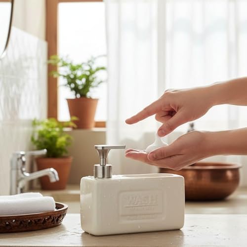 Alternative view of AmberHaus Mat Seramik Sünger Hazneli Sıvı Sabunluk - Tezgah Üstü Mutfak Bulaşık Deterjanlığı - Metal Pompalı Şık Organizer (750 ML)