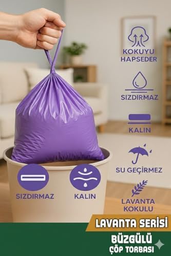 Alternative view of Büyük Boy Lavanta Kokulu Büzgülü Çöp Torbası, 65x70 cm, 60 Litre, Su Geçirmez Çöp Poşeti, Kalın, 5 Paket 50 Adet (BÜYÜK BOY, LAVANTA KOKULU)