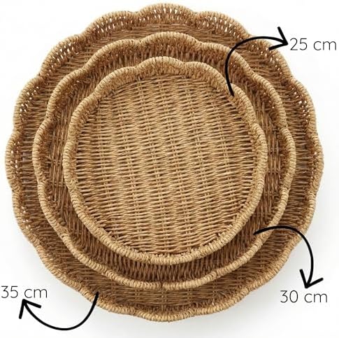 AmberHaus 3'lü Doğal Örgü Yuvarlak Tepsi Seti - Hasır Sunum ve Servis Tepsisi - Dekoratif Organizer (35-30-25 cm)