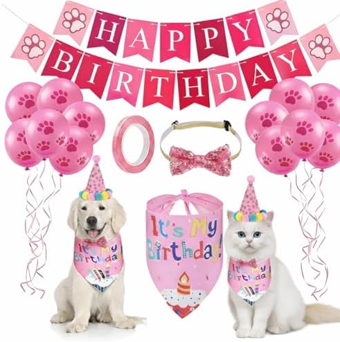 Alternative view of Evcil Hayvan Doğum Günü Süsleme Seti Pembe – Köpek ve Kedi için Birthday Party Konsept Paketi – Balon, Happy Birthday Banner, Bandana, Papyon, Şapka ve Parti Aksesuarları