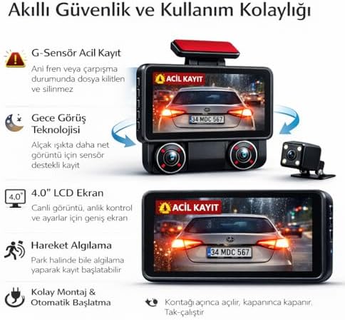 WiFi Destekli 3 Kameralı Araç İçi Kamera – 1080P Full HD, 4.0'' Ekran, Gece Görüş, G-Sensör Acil Kayıt, Arka Görüş Kamerası, Döngüsel Kayıt ve Koruma Özellikli
